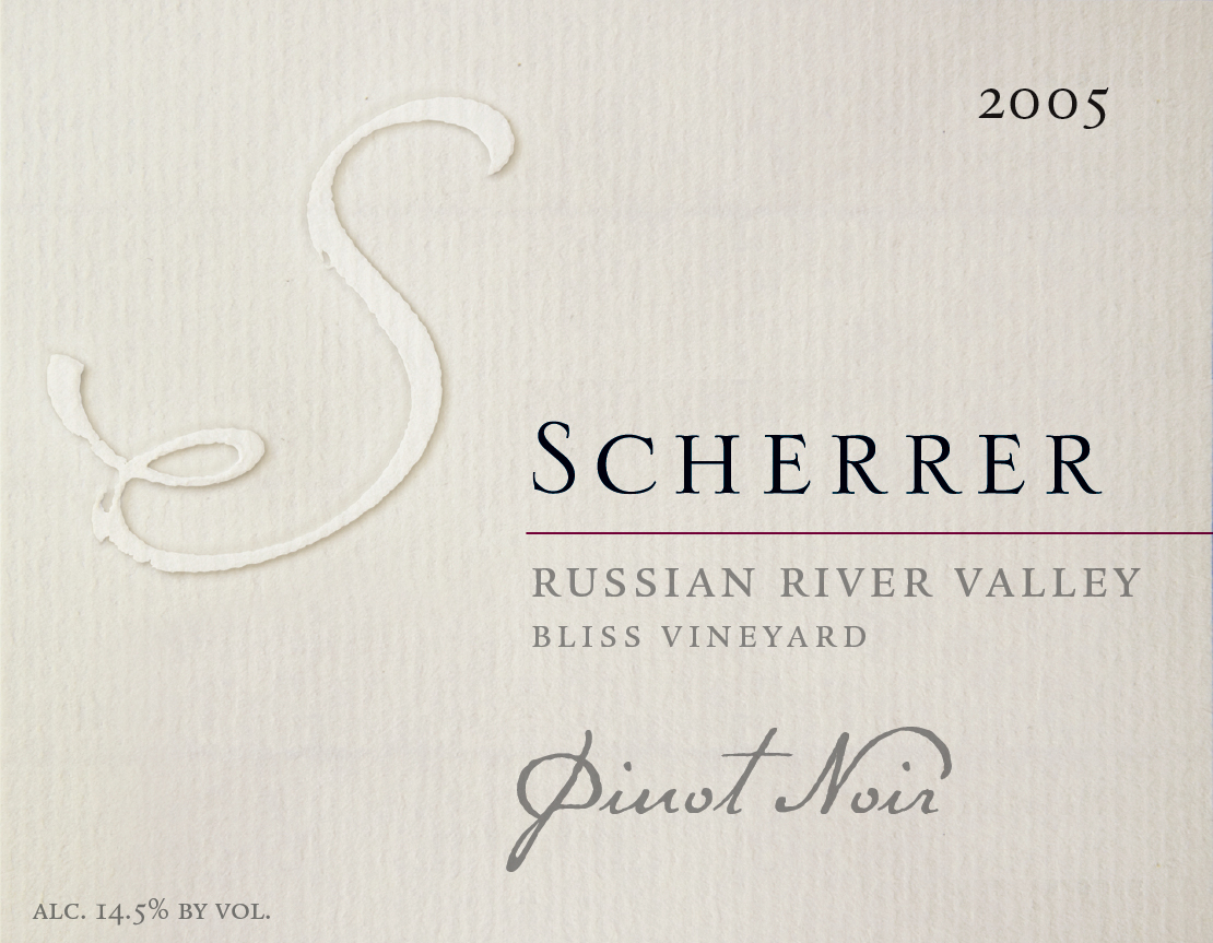Label: 2005, Scherrer, Russian River Valley, Bliss Vineyard, Pinot Noir, Alcohol 14.5% by volume