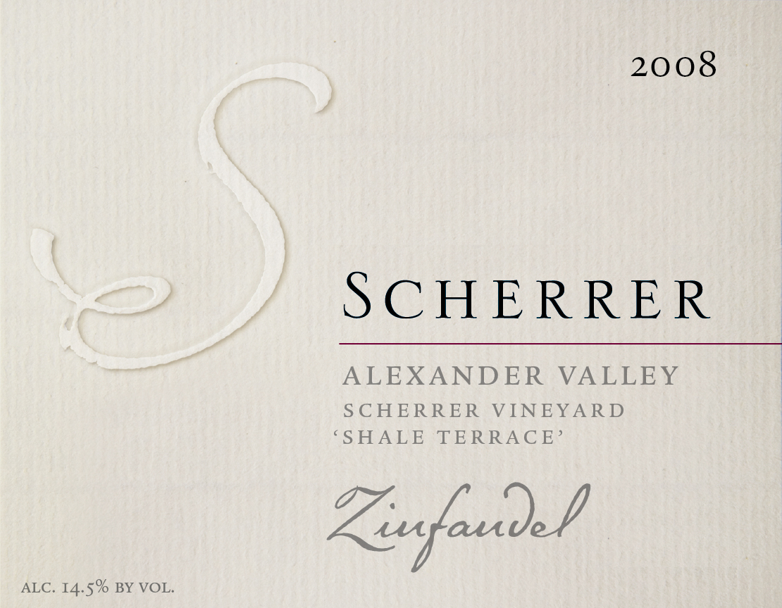 Label: 2008, Scherrer, Alexander Valley, Scherrer Vineyard, 'Shale Terrace', Zinfandel, Alcohol 14.5% by volume