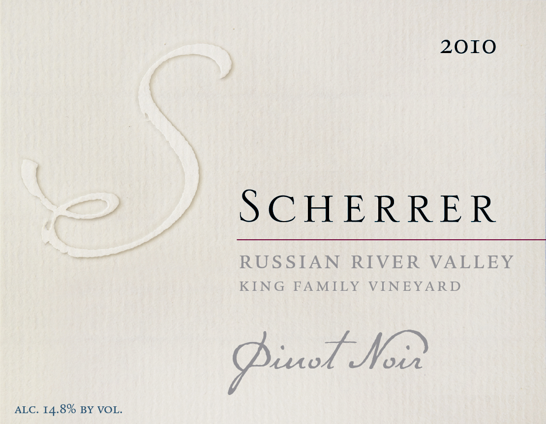 Label: 2010, Scherrer, Russian River Valley, King Family Vineyard, Pinot Noir, Alcohol 14.8% by volume