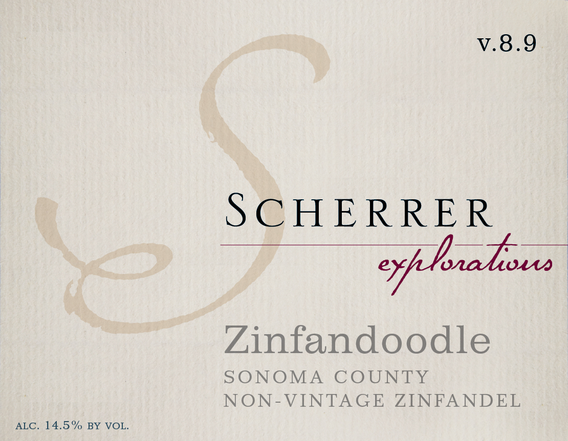 Label: version 8.9, Scherrer, Explorations, Zinfandoodle, Sonoma County, Non-Vintage Red Wine, Alcohol 14.5% by volume
