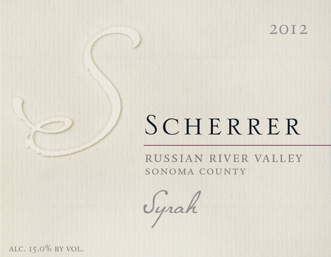 Label: 2012, Scherrer, Russian River Valley, Sonoma County, Syrah, Alcohol 15.0% by volume