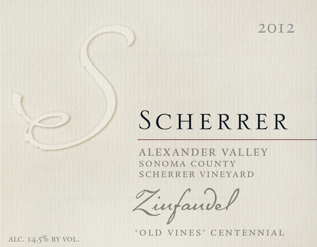 Label: 2012, Scherrer, Alexander Valley, Sonoma County, Scherrer Vineyard, Zinfandel, 'Old & Mature Vines', Centennial Vintage, Alcohol 14.5% by volume