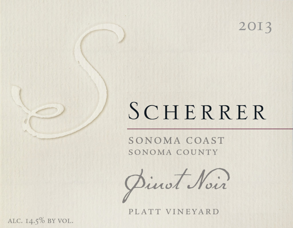 Label: 2013, Scherrer, Sonoma Coast, Sonoma County, Pinot Noir, Platt Vineyard, Alcohol 14.5% by volume