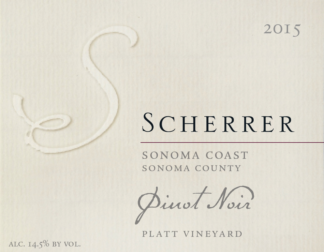 Label: 2015, Scherrer, Sonoma Coast, Sonoma County, Pinot Noir, Platt Vineyard, Alcohol 14.5% by volume