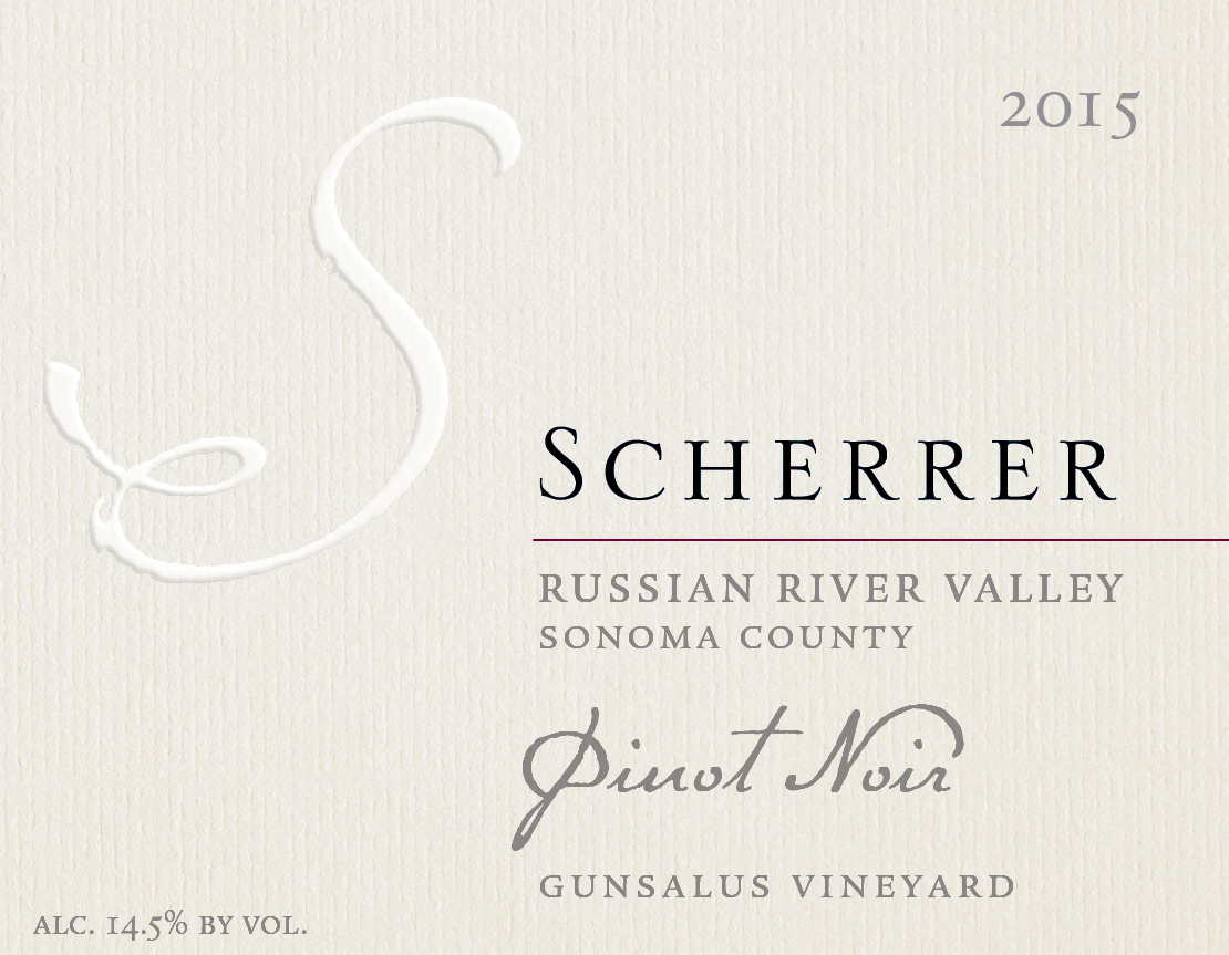 Label: 2015, Scherrer, Russian River Valley, Sonoma County, Pinot Noir, Gunsalus Vineyard, Alcohol 14.5% by volume