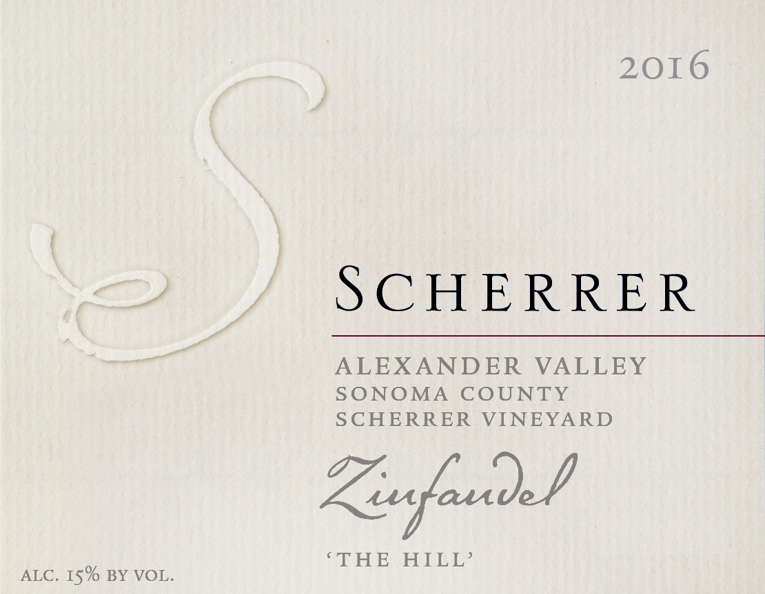 Label: 2016, Scherrer, Alexander Valley, Sonoma County, Scherrer Vineyard, Zinfandel, 'The Hill', Alcohol 15% by volume