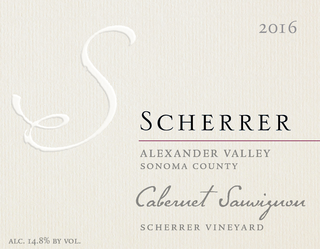 Label: 2016, Scherrer, Alexander Valley, Sonoma County, Cabernet Sauvignon, Scherrer Vineyard, Alcohol 14.8% by volume