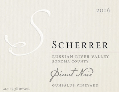 Label: 2016, Scherrer, Russian River Valley, Sonoma County, Pinot Noir, Gunsalus Vineyard, Alcohol 14.5% by volume