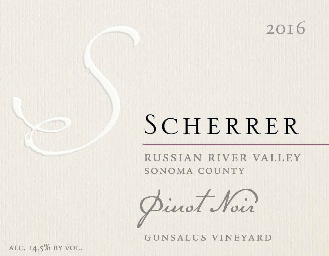 Label: 2016, Scherrer, Russian River Valley, Sonoma County, Pinot Noir, Gunsalus Vineyard, Alcohol 14.5% by volume