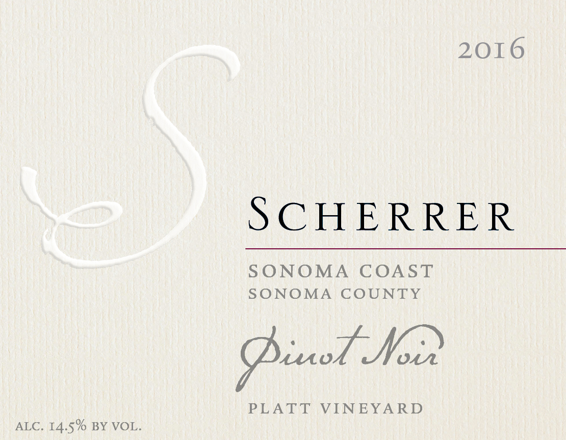 Label: 2016, Scherrer, Sonoma Coast, Sonoma County, Pinot Noir, Platt Vineyard, Alcohol 14.5% by volume
