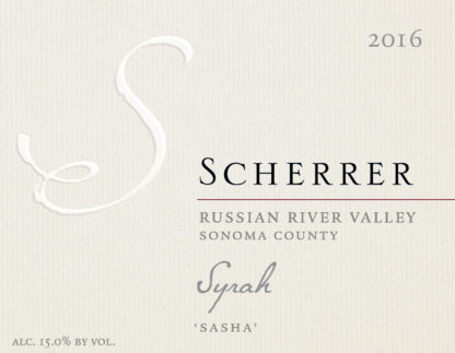 Label: 2016, Scherrer, Russian River Valley, Sonoma County, Syrah, 'Sasha', Alcohol 15.0% by volume