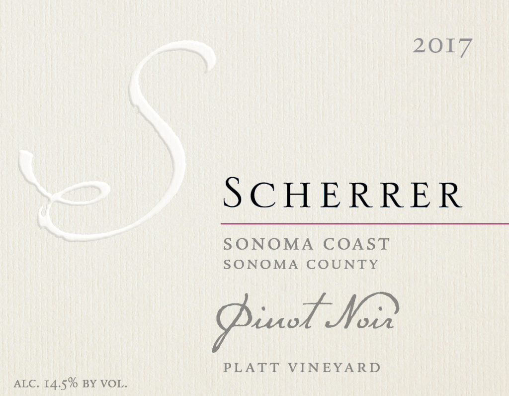 Label: 2017, Scherrer, Sonoma Coast, Sonoma County, Pinot Noir, Platt Vineyard, Alcohol 14.5% by volume