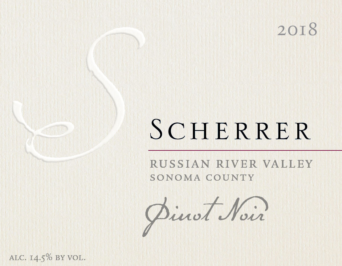 Label: 2018, Scherrer, Russian River Valley, Sonoma County, Pinot Noir, Alcohol 14.5% by volume