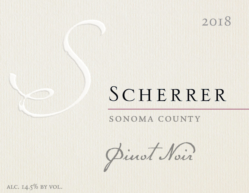 Label: 2018, Scherrer, Sonoma County, Pinot Noir, Alcohol 14.5% by volume