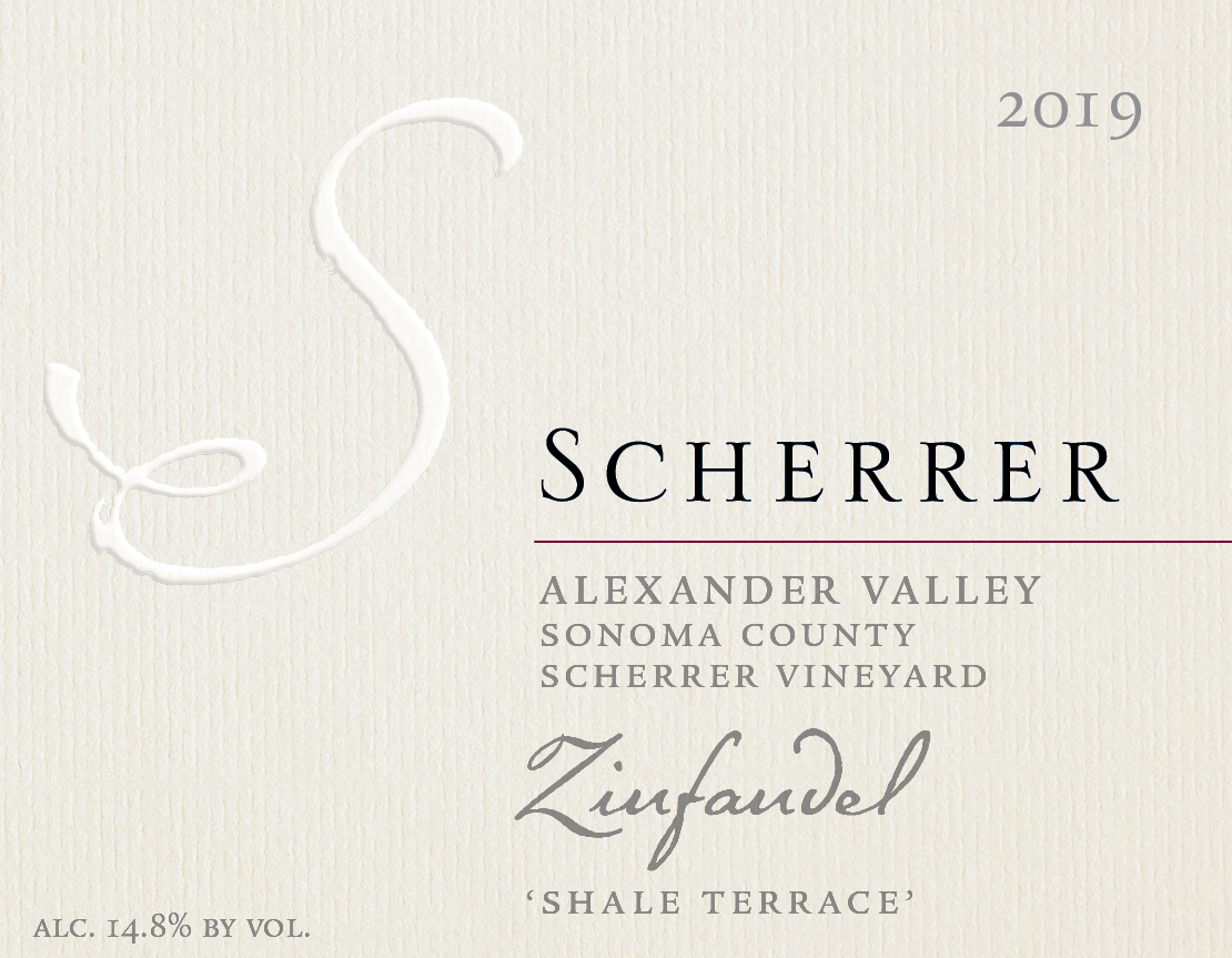 Label: 2019, Scherrer, Alexander Valley, Sonoma County, Scherrer Vineyard, Zinfandel, 'Shale Terrace', Alcohol 14.8% by volume