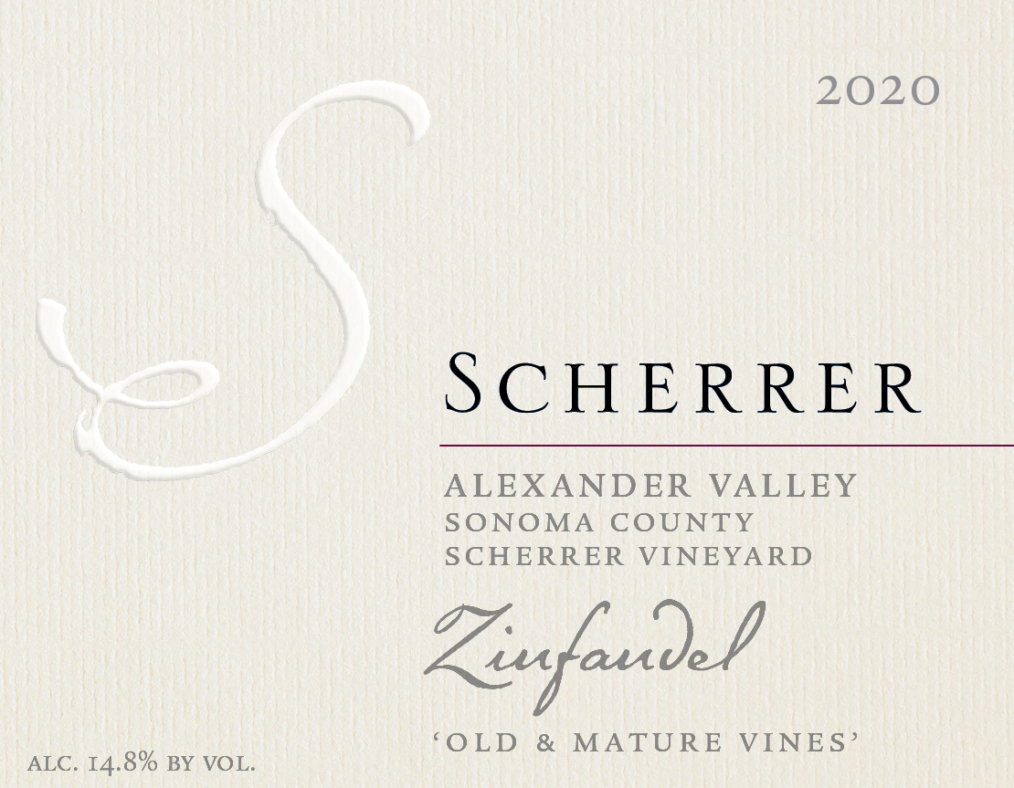 Label: 2020, Scherrer, Alexander Valley, Sonoma County, Scherrer Vineyard, Zinfandel, 'Old & Mature Vines', Alcohol 14.8% by volume