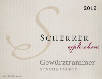 Label: 2012, Scherrer, Explorations, Gewürztraminer, Sonoma County, Alcohol 13.0% by volume.