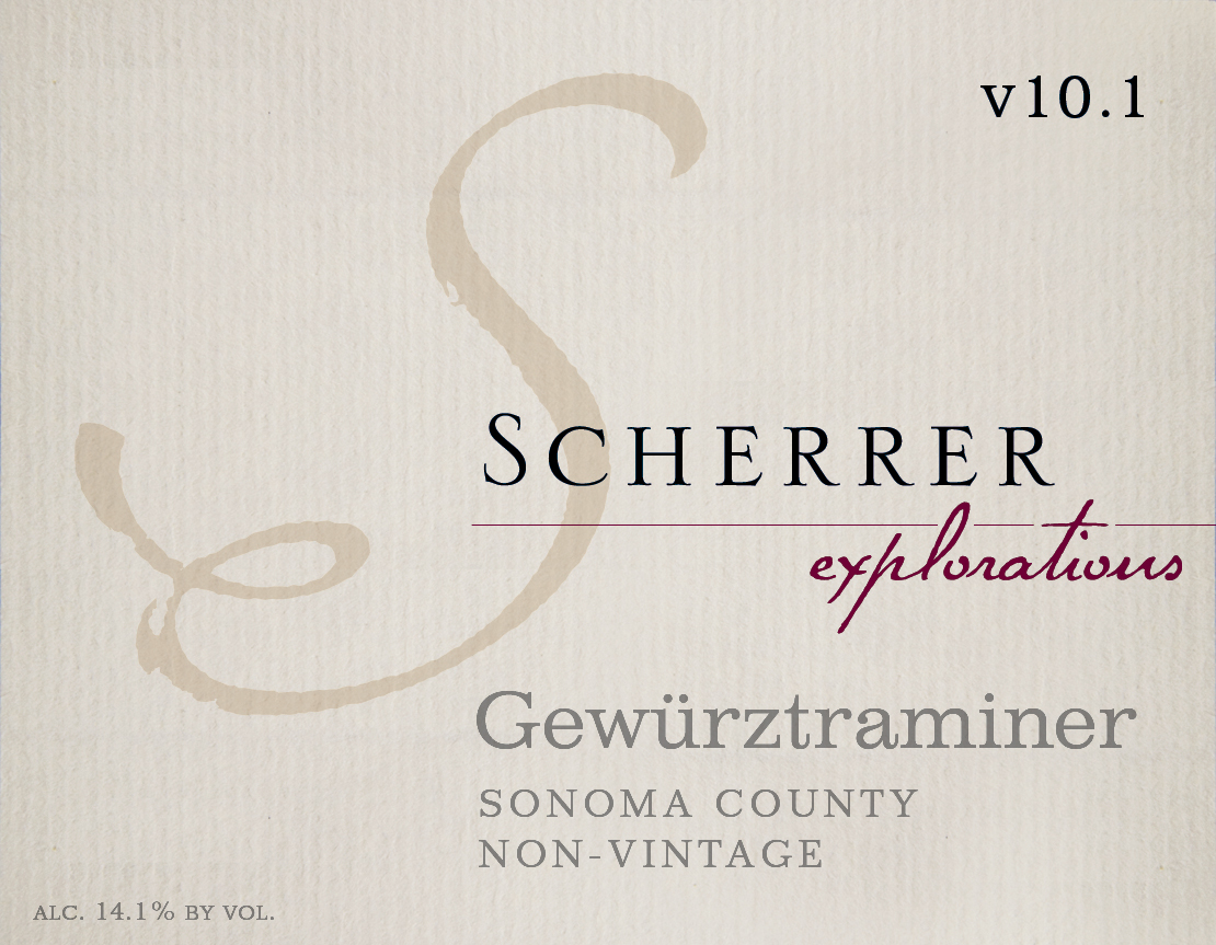 Label: v.10.1, Scherrer, Explorations, Gewürztraminer, Sonoma County, Non-vintage, Alcohol 14.1% by volume.